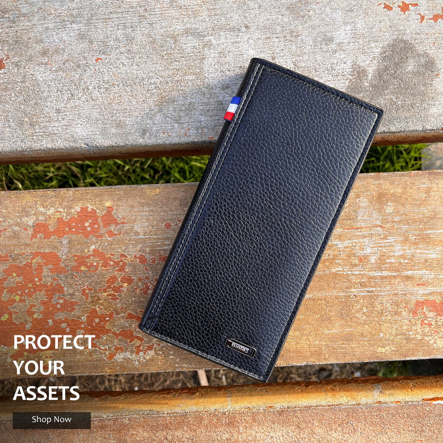 Men's Imported Long Textured Leather Wallet Clutch with Tricolor Accent - Black