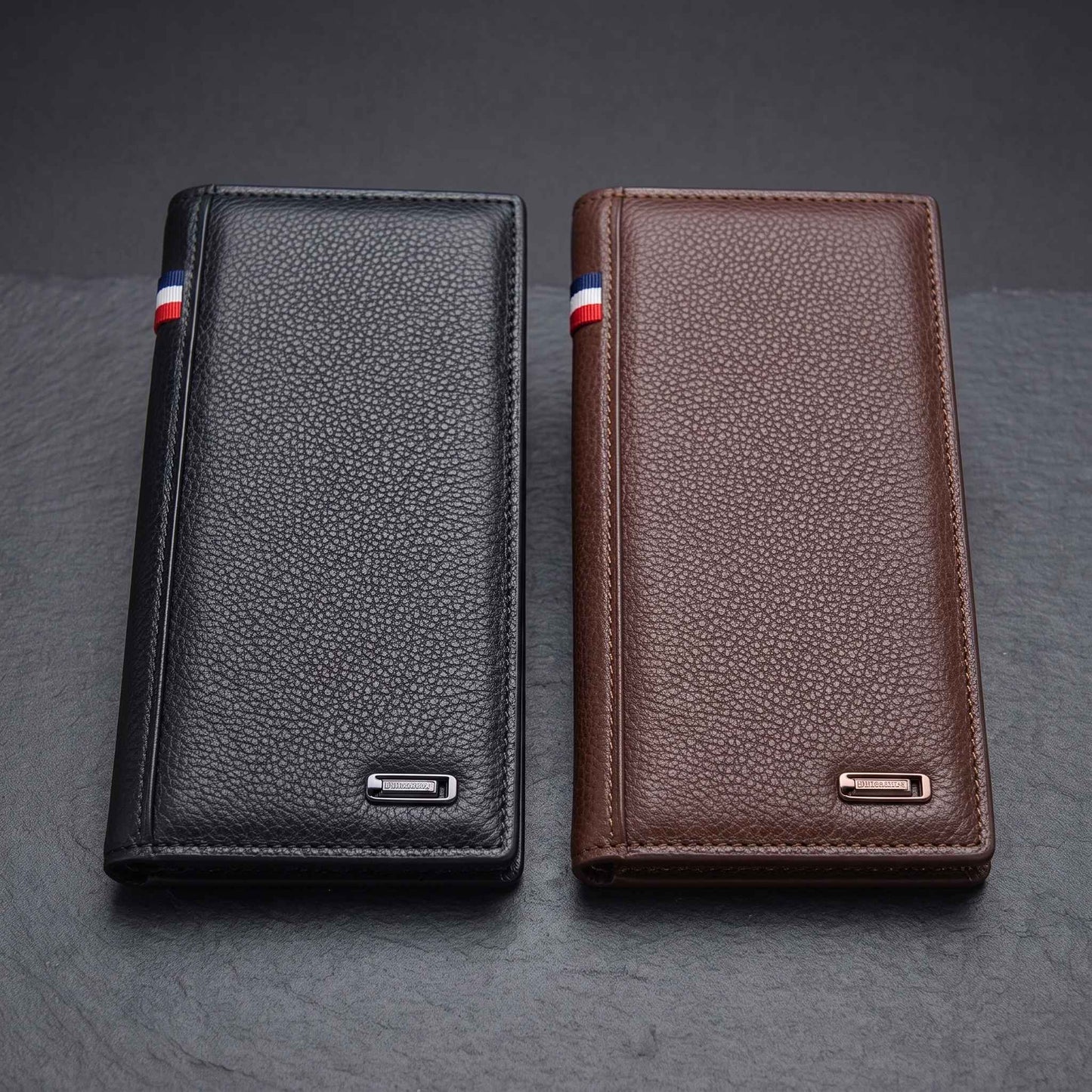 Men's Imported Long Textured Leather Wallet Clutch with Tricolor Accent - Black